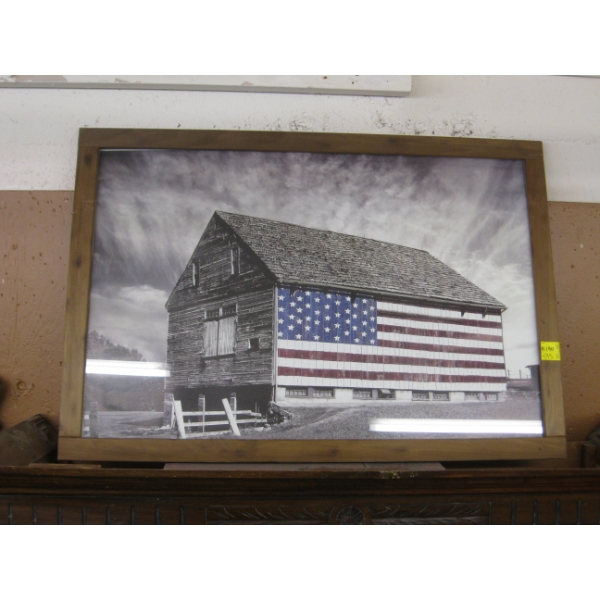 LG. FRAMED PRINT OF BARN W/AMERICAN FLAG