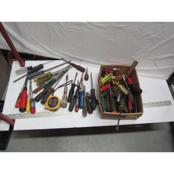 BOX OF ASST. SCREWDRIVERS, TAPE MEASURE, ETC.