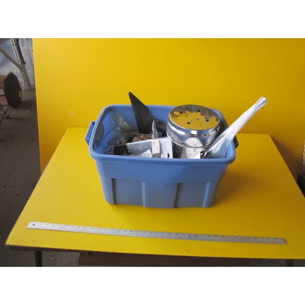 BIN OF MOTORCYCLE PARTS - CARBURETOR, ETC.