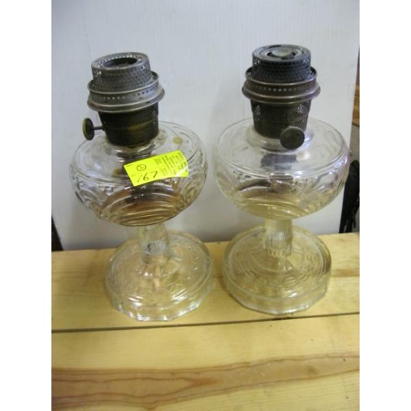 2 GLASS BASED COAL OIL LAMPS - NO CHIMNEYS