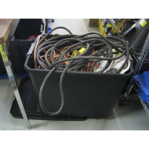 BIN OF MISC. EXTENSION CORDS, WRAPPING PAPER, ETC.