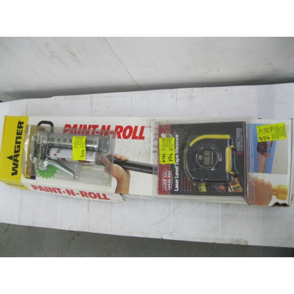 TAPE MEASURE, GREASE GUN & WAGONER PAINT ROLLER