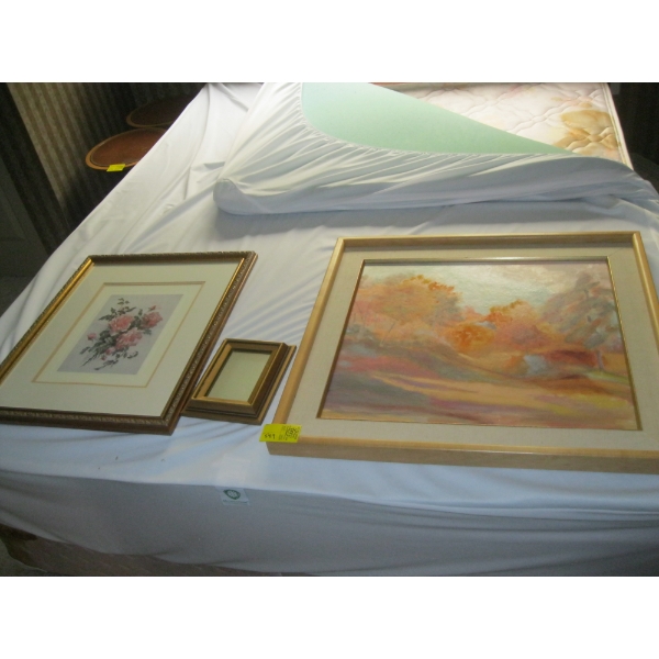SM. FRAMED MIRROR & 2 FRAMED PICTURES