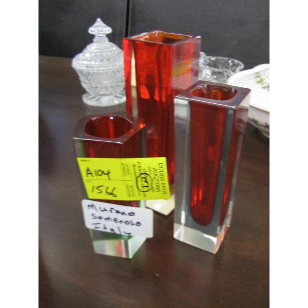 3 MURANO SOMMERSO ITALY RED GLASS VASES