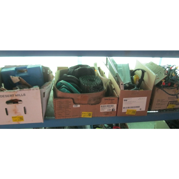 4 BOXES OF MISC. GARDEN ACCESS., TOOLS, CHRISTMAS LIGHTS, ETC.