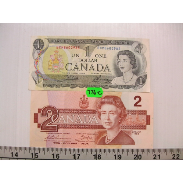 CDN $2 BILL & CDN $1 BILL
