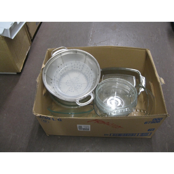 MISC. BAKING DISHES, MIXING BOWLS, LG. SIEVE, ETC.