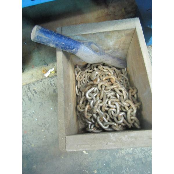 WOODEN BOX W/MISC. CHAIN, RAILWAY SPIKE, ETC.