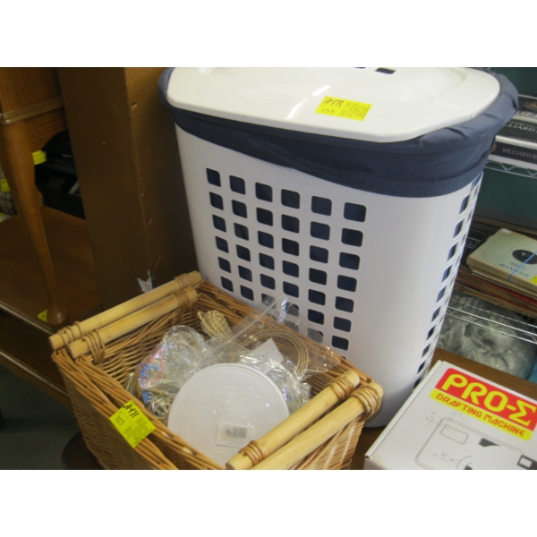 LAUNDRY BIN W/MISC. CONTENTS & 2 WICKER BASKETS W/CONTENTS