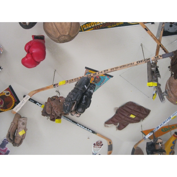 VINTAGE SPORTS EQUIPMENT - FOOTBALL, MICHAEL JORDAN BASKETBALL HOOP, SHOULDER PADS, GLOVES, ETC.