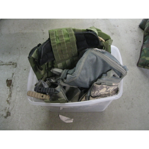 BOX W/TACTICAL VESTS, BAGS, ETC.