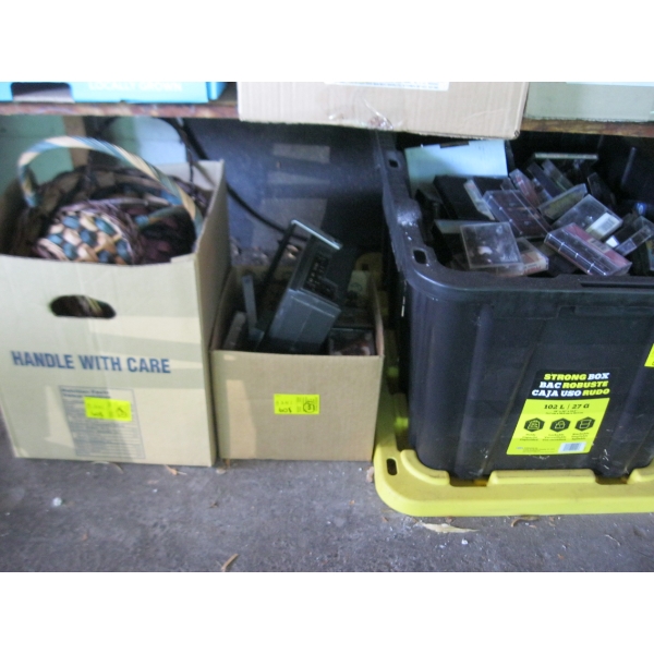 BIN OF CASSETTE TAPES, RADIO, BASKETS, ETC.