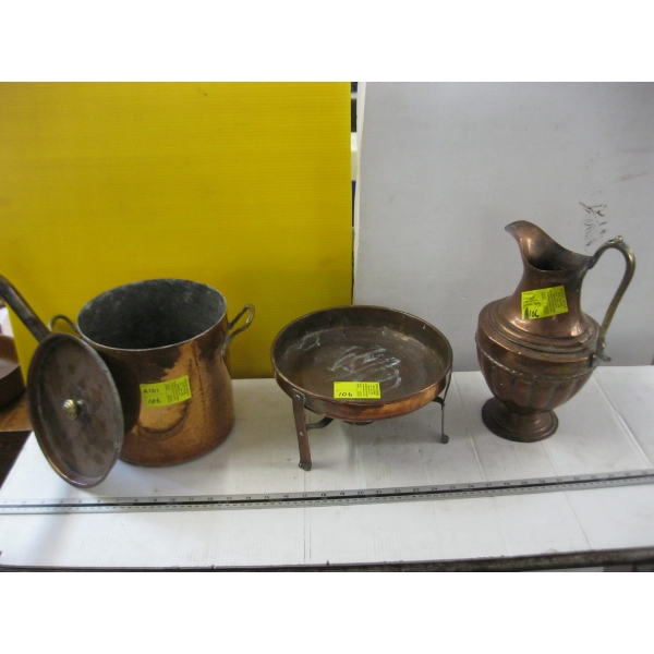 LG. COPPER URN, COPPER POT W/LID & COPPER PAN