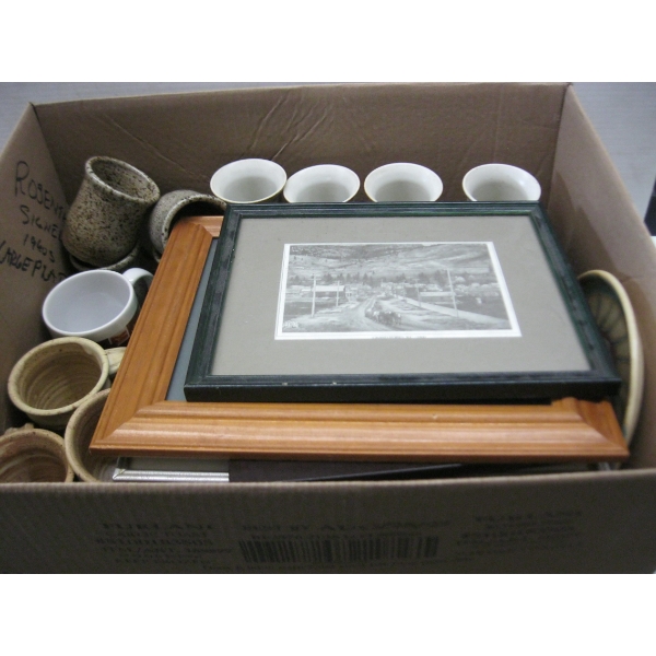 MISC. FRAMED PICTURES, POTTERY DISHES, GLASSWARE, ETC.