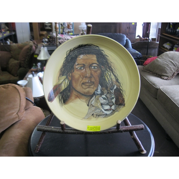 DECORATIVE PAINTED PLATE ON WILLOW STAND BY T. SEVENSON