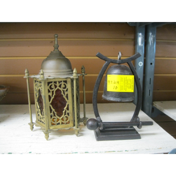 BRASS CANDLE HOLDER & A IRON BELL W/GONG