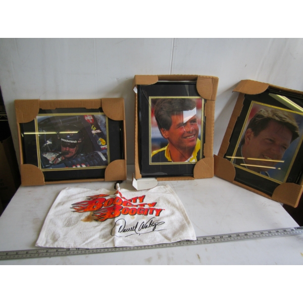 3 NASCAR PICTURES - 1 HAS CRACKED GLASS