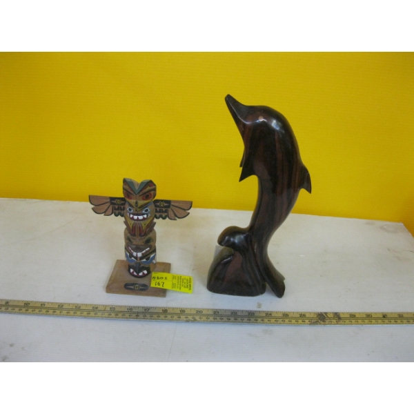 SM. CARVED & SIGNED TOTEM POLE & IRONWOOD DOLPHIN