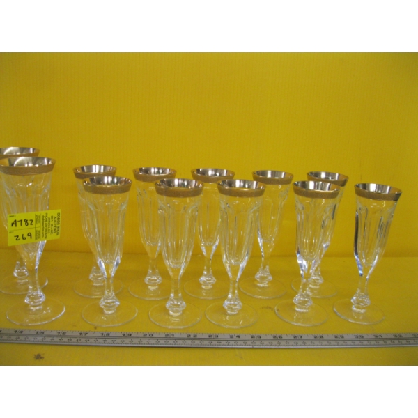 10 MOSERS SM. FLUTED 24KT GOLD RIM GLASSES & 2 LARGER MOSERS 24KT GOLD RIM CRYSTAL GLASSES