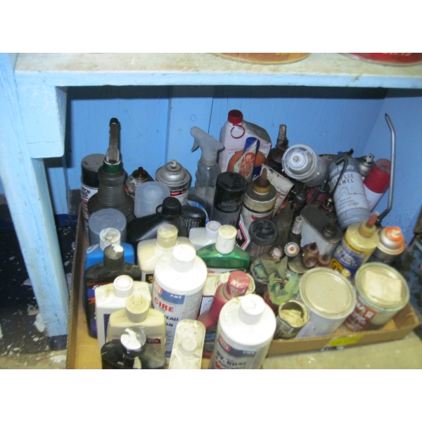 2 BOXES OF MISC. OILS, CLEANERS, ETC.