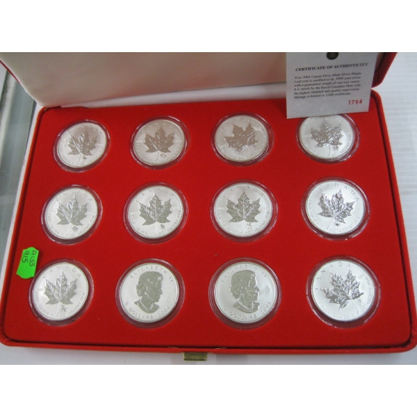 PROOF SET OF 12 CANADIAN 2004 .999 SILVER MAPLE LEAFS (TAX EXEMPT)