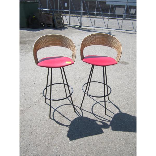2 RED W/WICKER BACK BAR STOOLS - SWIVEL