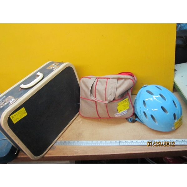 VINTAGE SUITCASE, BIKE HELMET, ETC.