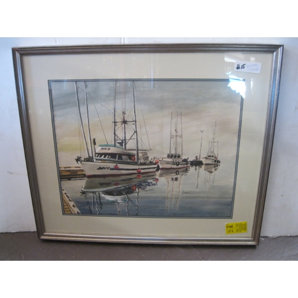 ORIGINAL WATERCOLOR PAINTING OF FISHING BOATS, SIGNED
