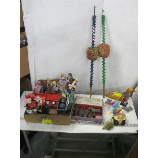 MISC. FIGURINES, CARVED DUCK, WOODEN BIRDS, ETC.