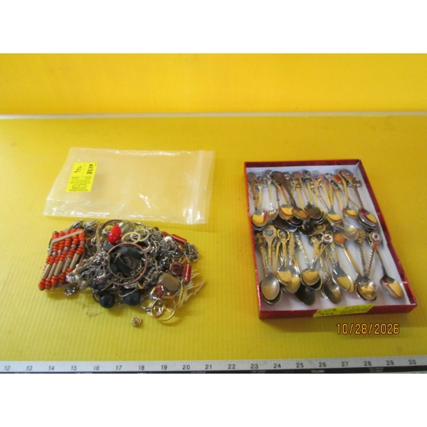 COLLECTION OF ASST. SPOONS & COSTUME JEWELLERY