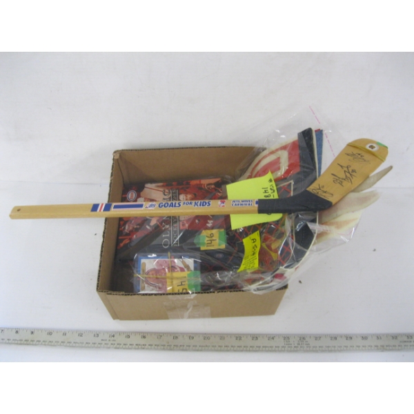 SIGNED HOCKEY STICK, TOPPS/FLEER BASEBALL CARDS, ESSO HOCKEY HEROS BINDER BOOK, VINTAGE PENDANTS