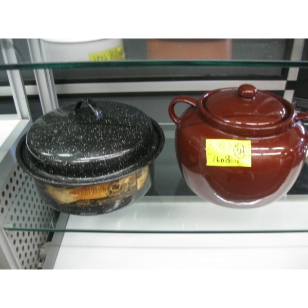 LIDDED BEAN POT & A ROASTING PAN
