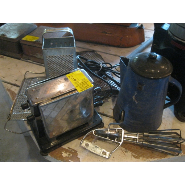 VINTAGE ELECTRIC TOASTER, COFFEE POT, GRATERS, ETC.