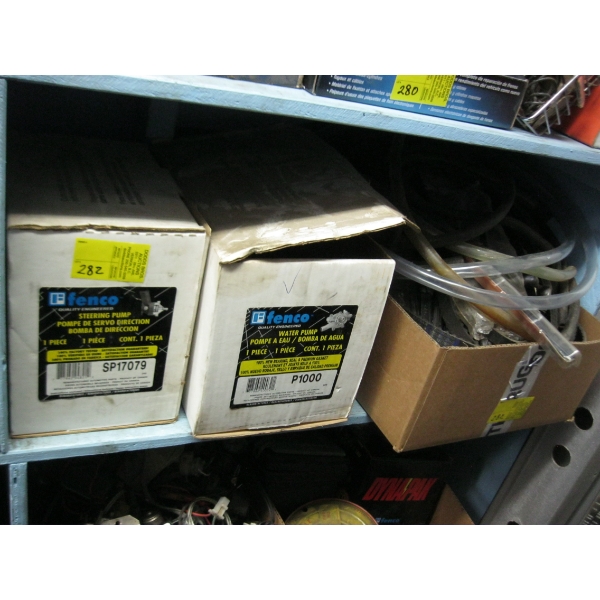 2 NEW WATER PUMPS & BOX OF MISC. NEW BELTS, WINDSHIELD WIPER BLADES, ETC.