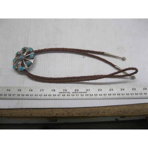NAVAJO SILVER BOLO TIE W/TURQUOISE STONES