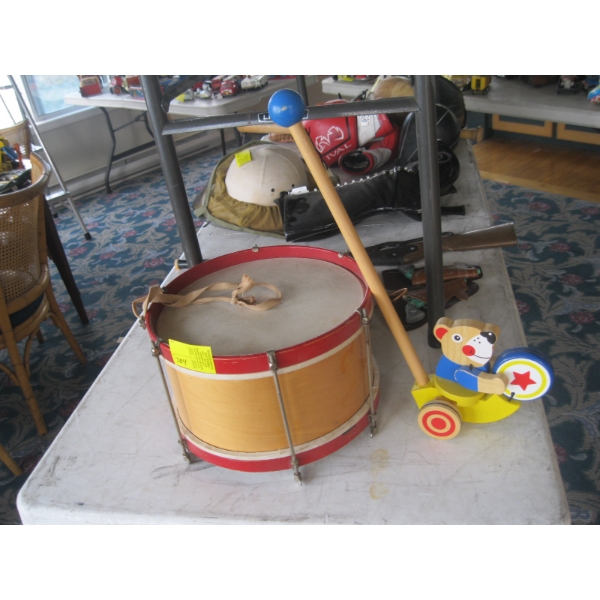 WOODEN PUSH TOY & A DRUM