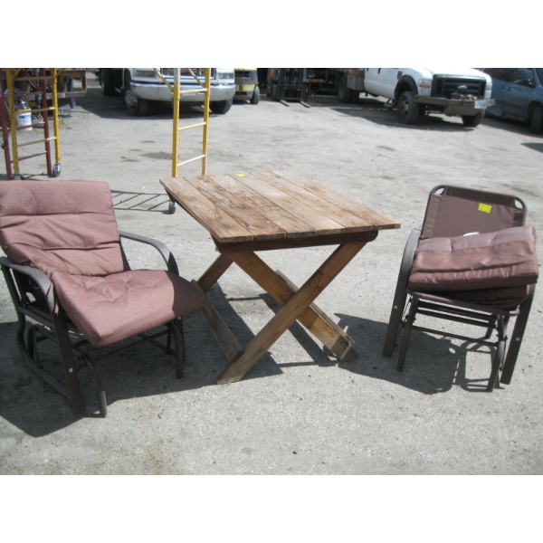 2 GLIDER PATIO CHAIRS & WOODEN TABLE