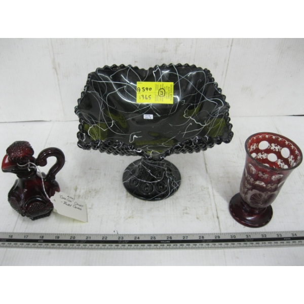 DECORATIVE GLASS - AVON RUBY GLASS, GLASS VASE & BLACK GLASS FRUIT BOWL