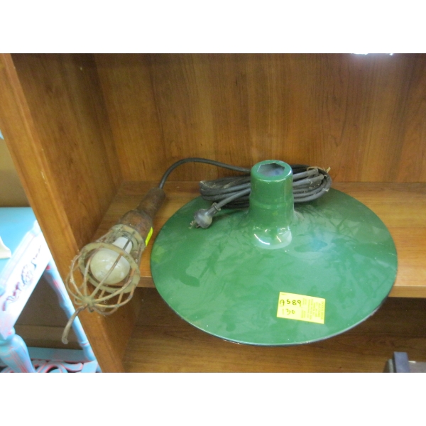 ANTIQUE TROUBLE LIGHT & GREEN ENAMEL LIGHT COVER