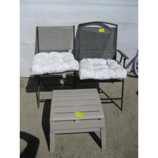 2 - FOLDING CHAIRS & 2 - FOOTSTOOLS