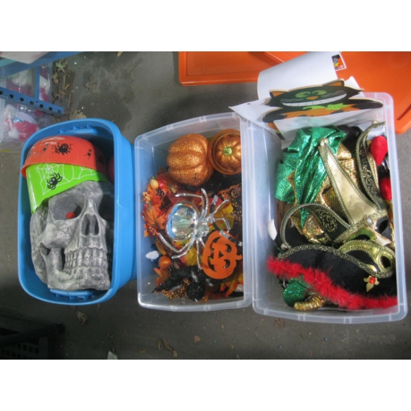 3 BINS OF MISC. HALLOWEEN DECORATIONS, ETC.