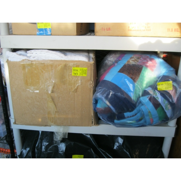 BOX & 3 BAGS OF ASST. BEDDINGS  MATERIAL, ETC.