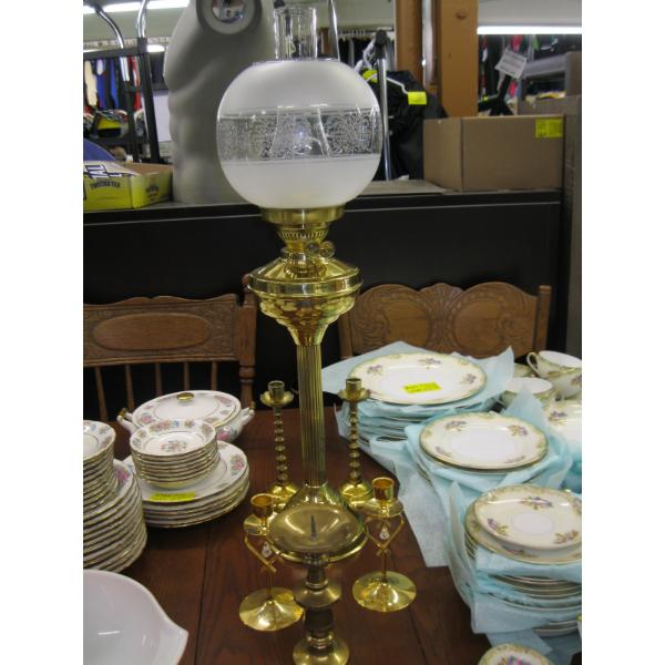 BRASS OIL LANTERN & BRASS CANDLEHOLDERS