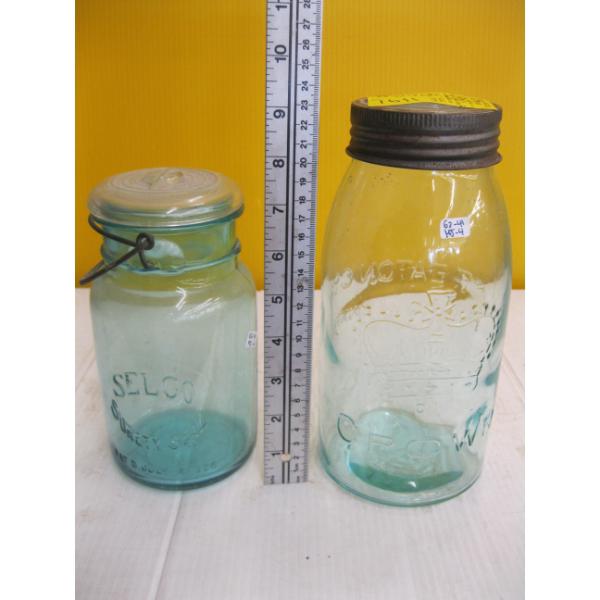 2 VINTAGE BLUE/GREEN CANNING JARS