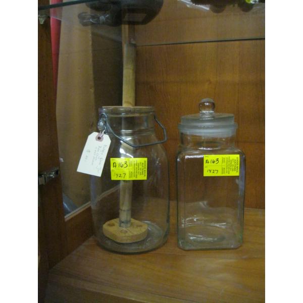 VINTAGE GLASS JAR CHURN & A GLASS CANNISTER
