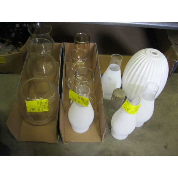 ASST. OIL LAMP CHIMNEYS, SHADES, ETC.