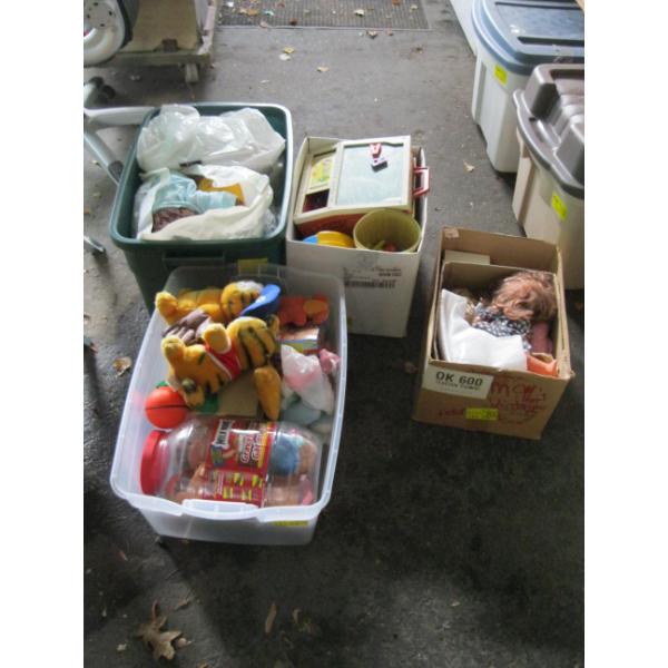 4 BOXES OF MISC. TOYS, STUFFED ANIMALS, VINTAGE FISH PRICE, ETC.