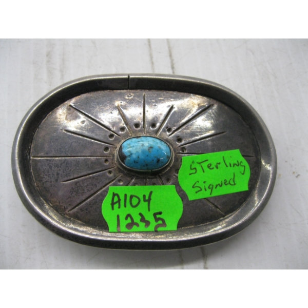 SILVER & TURQUOISE STERLING SIGNED NAVAJO BELT BUCKLE