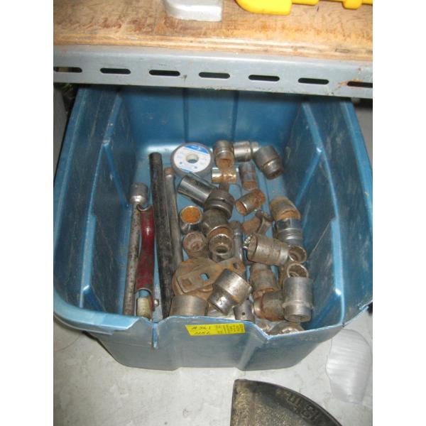 BIN OF ASST. 3/4" DRIVE SOCKETS, EXTENSIONS, ETC.