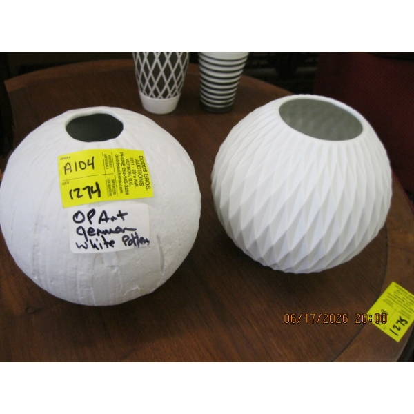 2 MCM OP ART PORCELAIN WHITE VASES